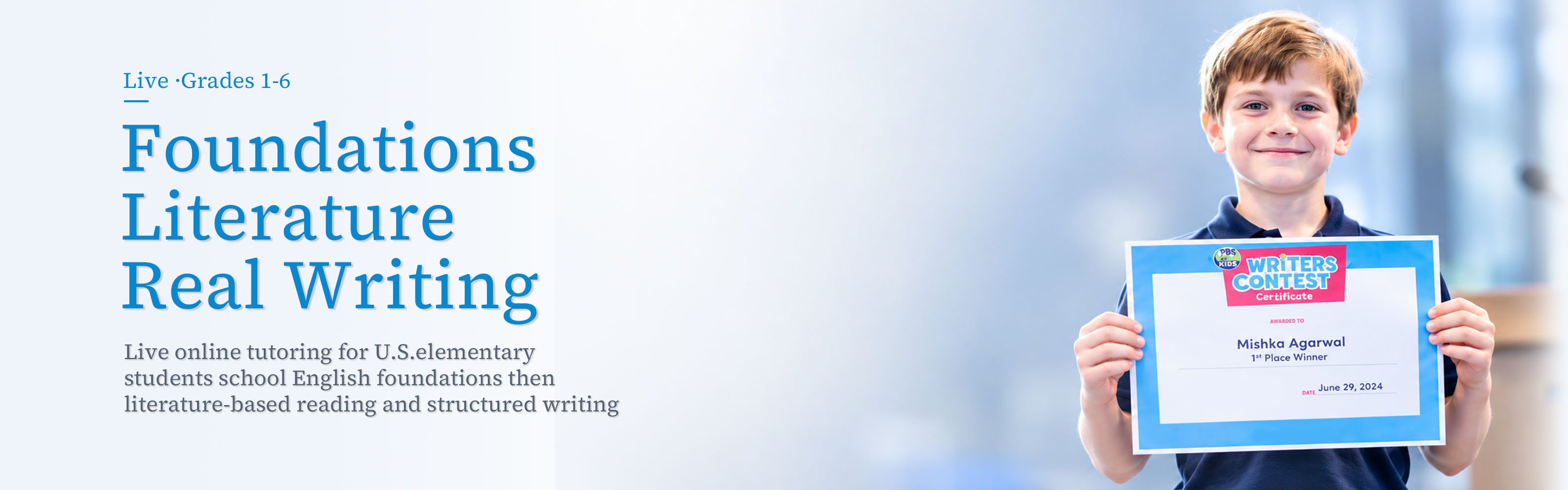 Live &middot; Grades 1-6. Foundations Literature, Real Writing. Live online tutoring for U.S. elementary students &mdash; school English foundations, then literature-based reading and structured writing.