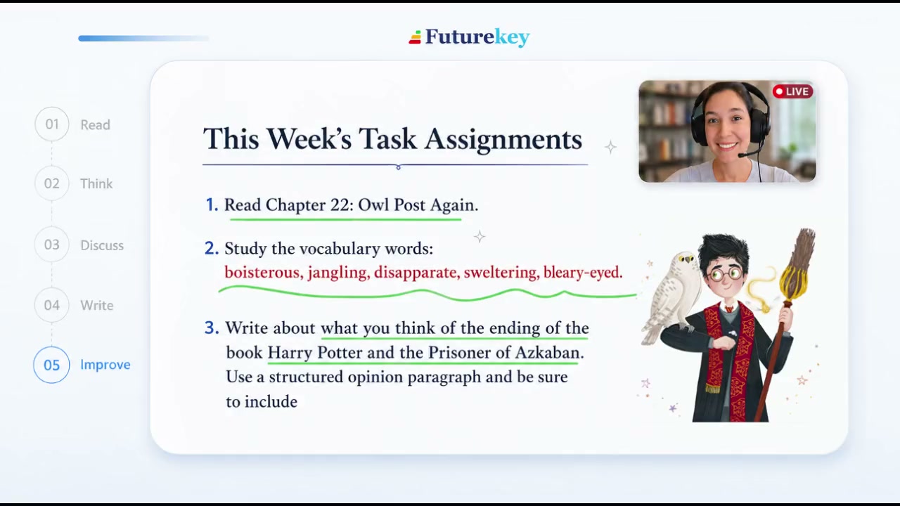 A live FutureKey class slide titled This Week&rsquo;s Task Assignments: read Chapter 22, Owl Post Again; study the vocabulary words boisterous, jangling, disapparate, sweltering and bleary-eyed; and write a structured opinion paragraph about the ending of Harry Potter and the Prisoner of Azkaban. The lesson steps Read, Think, Discuss, Write and Improve run down the side.